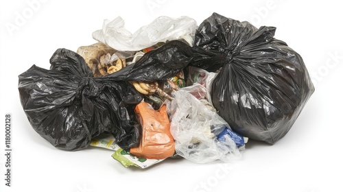 Two black garbage bags overflowing with various household waste, including plastic bags, wrappers, and other trash, on a white background.