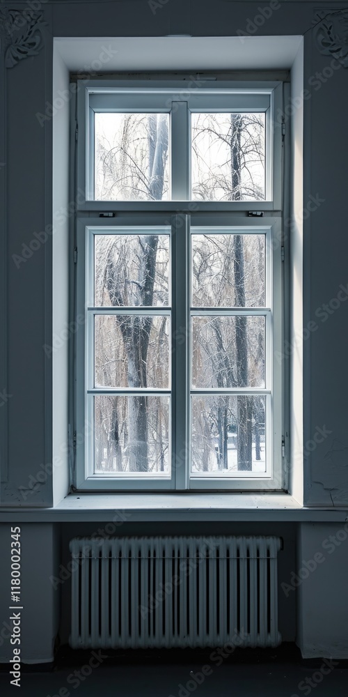 Fototapeta premium Tranquil View: White Window in a Cozy Home Looking out to Beautiful Scenery