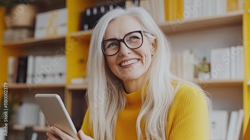 Happy mature woman with long gray hair, wearing glasses and a yellow sweater, smiles while holding a tablet in a bright, modern office.
