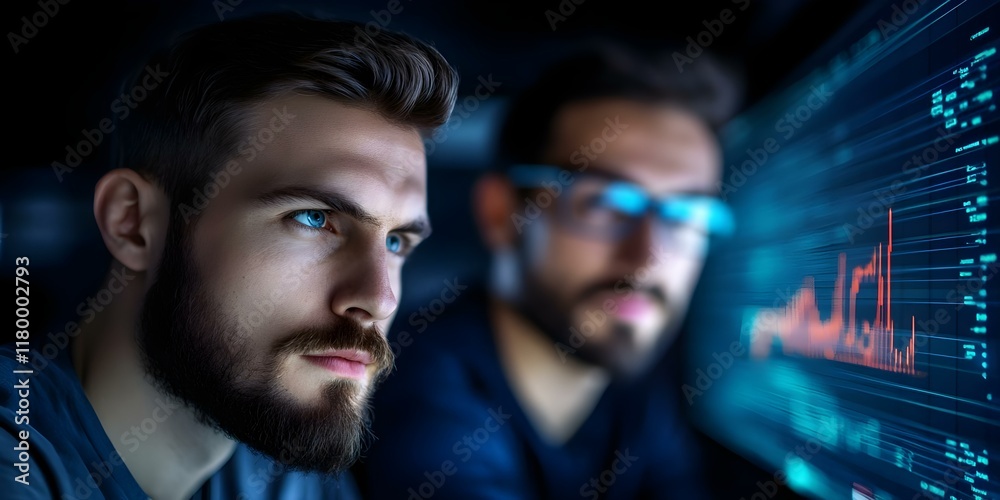 Two focused individuals analyzing data on a computer screen with graphs and statistics in a dimly lit environment. Concept Data Analysis, Collaborative Research, Graph Interpretation Two focused individuals analyzing data on a computer screen with graphs and statistics in a dimly lit environment. Concept Data Analysis, Collaborative Research, Graph Interpretation