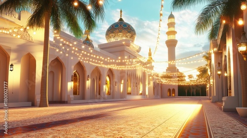 Animated Idul Fitri Mosque Featuring Traditional Decor and Celebration