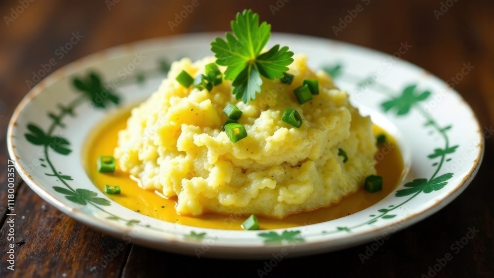 A plate of colcannon - mashed potatoes with cabbage and spring onions, served with a sprig of parsley and a traditional design on the plate. Festive dinner, St. Patrick's Day party A plate of colcannon - mashed potatoes with cabbage and spring onions, served with a sprig of parsley and a traditional design on the plate. Festive dinner, St. Patrick's Day party