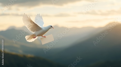 White Dove in Flight Carrying Letter Over Scenic Mountain Landscape at Sunrise, Symbolizing Peace, Freedom, and Communication in Nature
