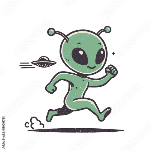 Cartoon alien running happily, featuring antennae, big black eyes, and a flying UFO in the background. A playful and dynamic character design for sci-fi and space adventure themes. Isolated vector  photo