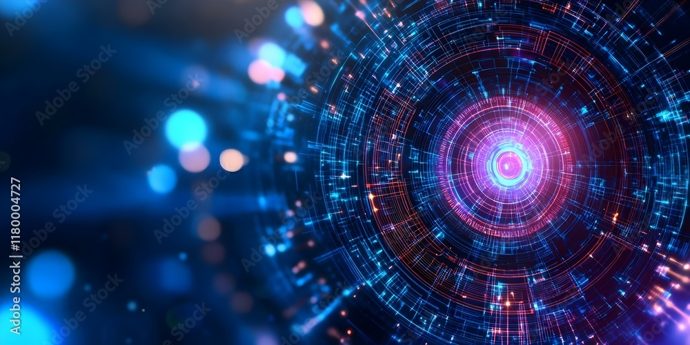 Obraz premium A digital abstract pattern featuring concentric circles with glowing lines and light effects, conveying a futuristic theme. Concept Digital Abstract Art, Concentric Circles, Glowing Lines