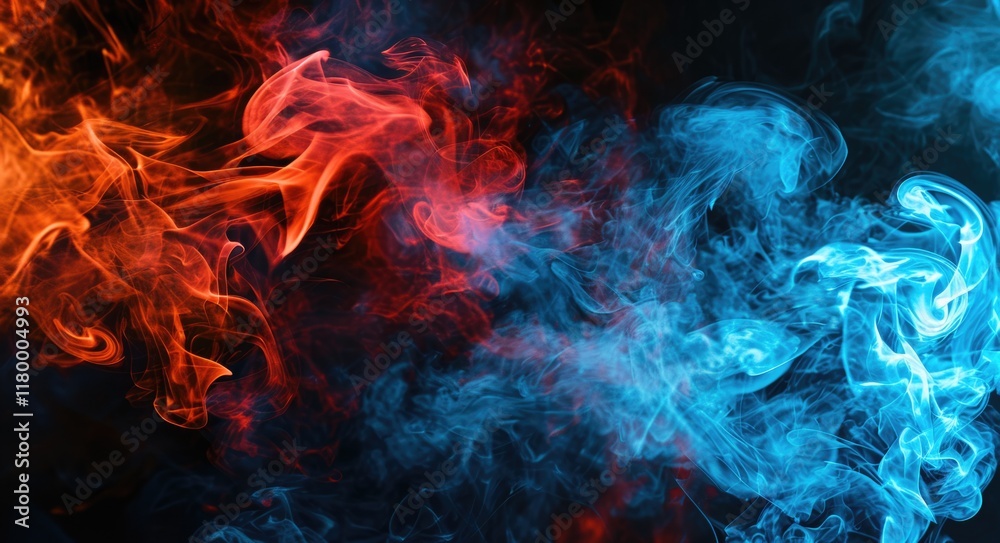 Fototapeta premium Vibrant Blue and Red Smoke Design: Capturing the Energetic Flow of Colors