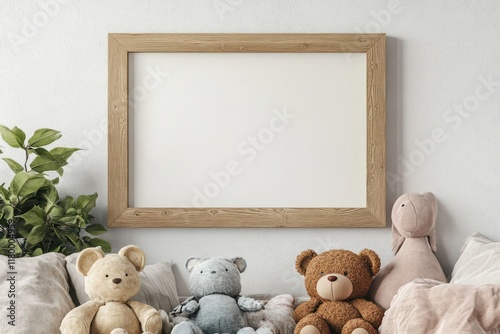 Nursery mockup; blank frame; teddy bears; plants; minimalist wall