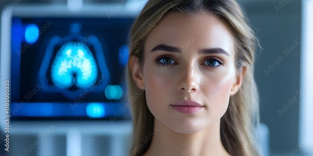 Obraz premium A young woman with soft features stands in front of a medical imaging display showing a lung scan. Concept Young Woman, Medical Imaging, Lung Scan, Health Awareness, Soft Features