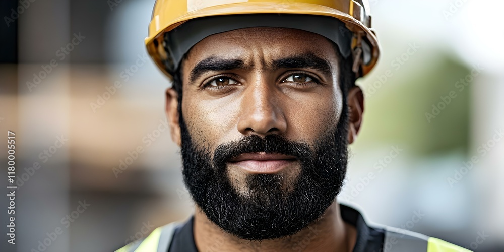 A close-up of a man wearing a yellow hard hat and work attire, with a beard, looking confidently at the camera. Concept Construction Worker Confidence, Safety Gear Essentials A close-up of a man wearing a yellow hard hat and work attire, with a beard, looking confidently at the camera. Concept Construction Worker Confidence, Safety Gear Essentials