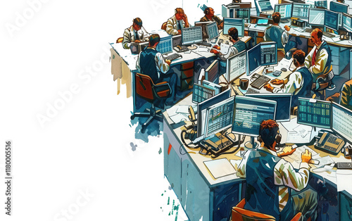 A busy trading floor with stockbrokers analyzing market trends Isolated on Transparent Background PNG photo