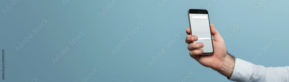 A hand holds a smartphone displaying a blank screen against a light blue background, suggesting themes of technology and communication. A hand holds a smartphone displaying a blank screen against a light blue background, suggesting themes of technology and communication.