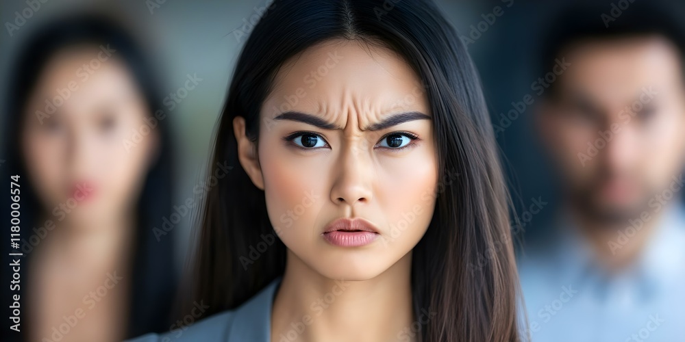 A woman with a serious expression in the foreground, focusing intensely, with two blurred figures behind her. Concept Serious Expression, Intense Focus, Blurred Background, Emotional Depth A woman with a serious expression in the foreground, focusing intensely, with two blurred figures behind her. Concept Serious Expression, Intense Focus, Blurred Background, Emotional Depth