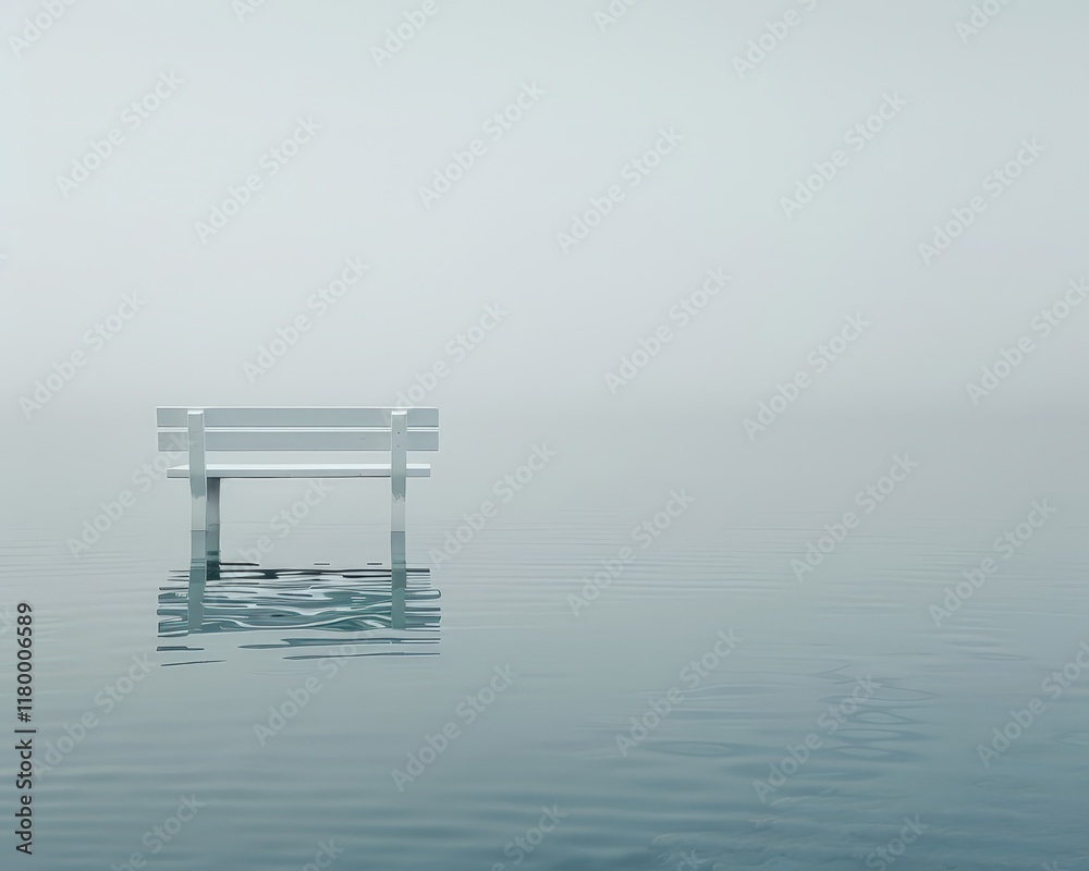 Serene white bench stands alone as mist envelops tranquil waters at dawn in an ethereal landscape Serene white bench stands alone as mist envelops tranquil waters at dawn in an ethereal landscape