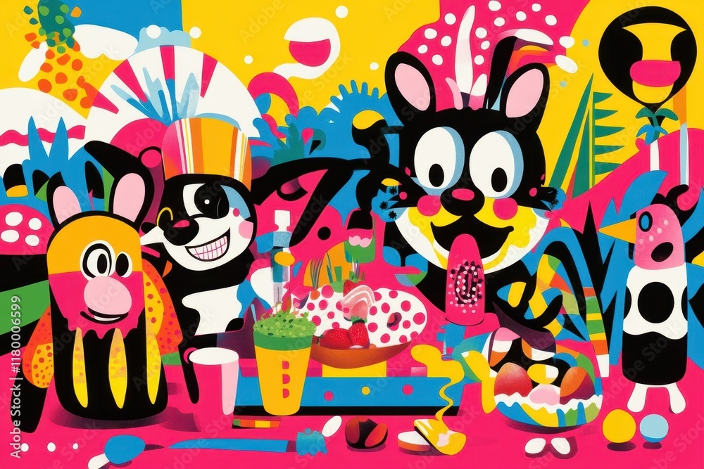 Fototapeta premium Colorful Cartoon Animals Enjoying Festive Treats Together