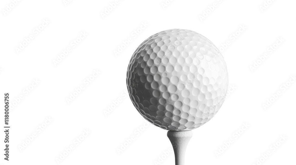 A solitary golf ball poised on a tee against a minimalistic white background A solitary golf ball poised on a tee against a minimalistic white background