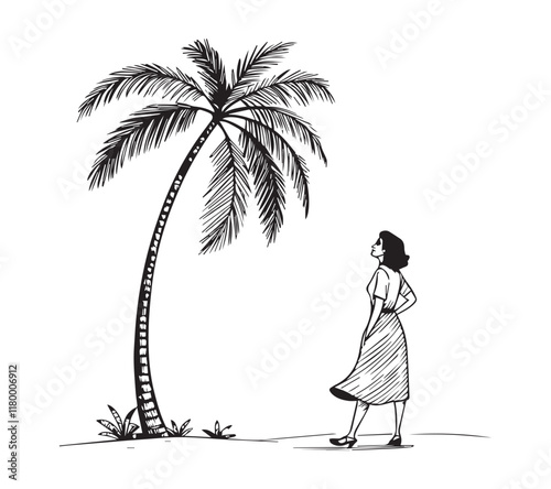 Black and white one line art icon drawing a small top lady palm with white background