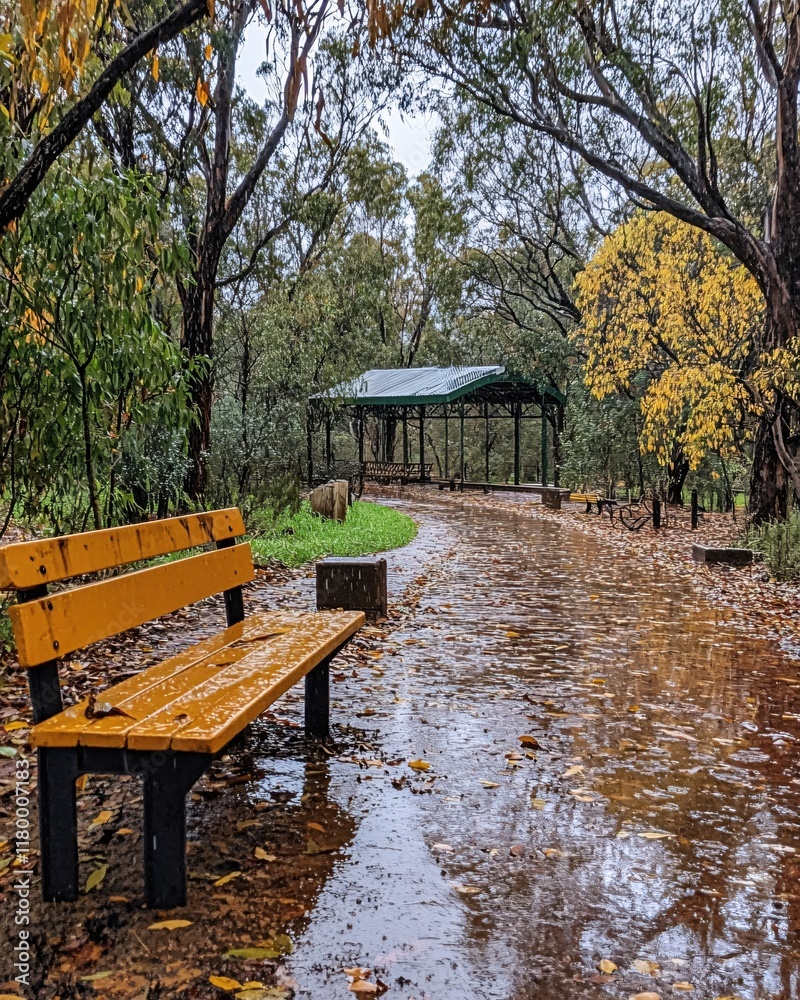 Rainy Autumn Day Park Bench Scenic View Yellow Wood Gazebo Rainy Autumn Day Park Bench Scenic View Yellow Wood Gazebo