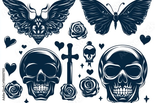 Modern flash sheet illustrations in an old school traditional style, featuring black and white hand-drawn graphic design elements and clip art on a white background photo