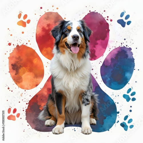 An Australian Shepherd dog sits in front of colorful paw print designs, showcasing a vibrant mix of red, purple, and blue hues  photo