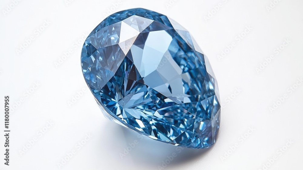 Close-up of a stunning, pear-shaped blue diamond, showcasing its exquisite facets and vibrant color against a stark white background. Close-up of a stunning, pear-shaped blue diamond, showcasing its exquisite facets and vibrant color against a stark white background.