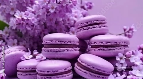 Elegant Arrangement of Purple Macarons with a Fragrant Lilac Bouquet