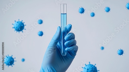 Hand in blue medical glove holding test tube with green liquid on dark background with chemistry liquids and bubbles.