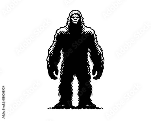 Yeti silhouette with broad shoulders, large arms, and sturdy body posture, standing upright. Clipart image isolated on white background 