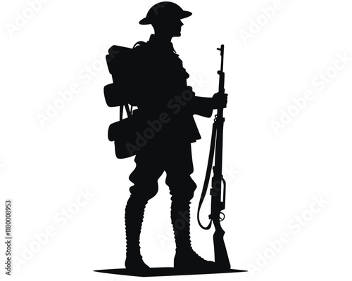 WW1 British soldier silhouette standing upright. Clipart image isolated on white background 