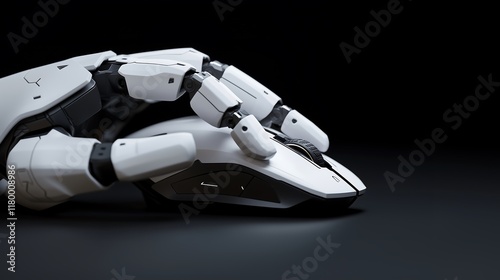 Whute robot hand using a computer mouse on black background.