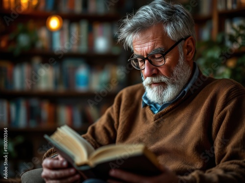 Older Man Reading Book in Library Setting