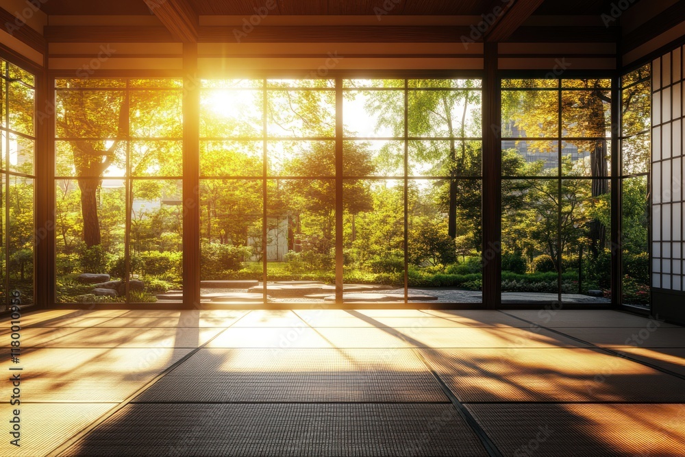 Fototapeta premium Sunlit Japanese Room, Garden View, Peaceful Interior, Tranquil Design, Meditation