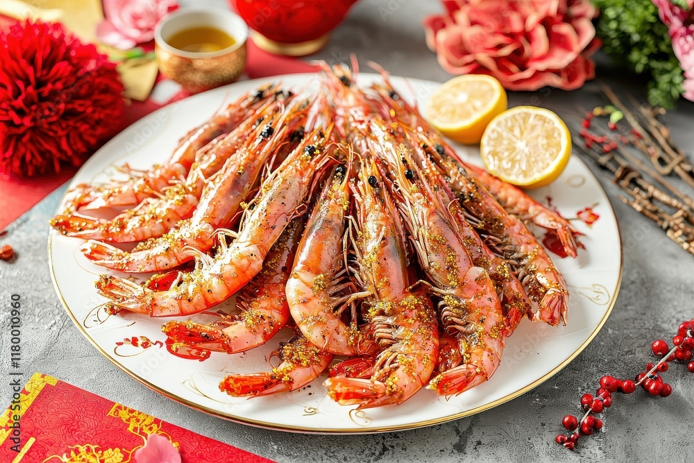 Lunar new year celebration salt and pepper shrimp dish festive table setting culinary delight vibrant atmosphere close-up view Lunar new year celebration salt and pepper shrimp dish festive table setting culinary delight vibrant atmosphere close-up view