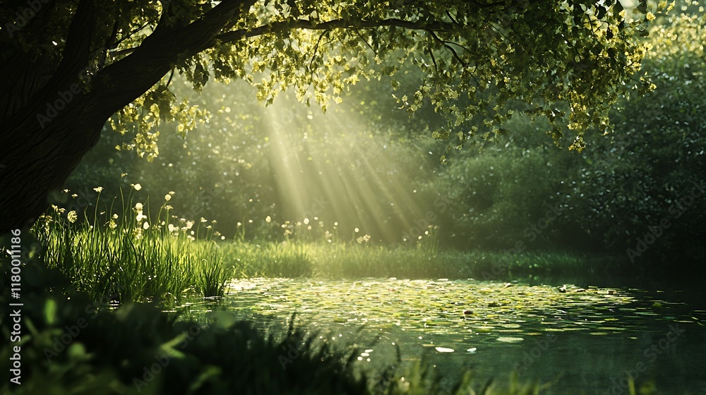 Saplings emerging into the light from fertile ground in a serene setting Saplings emerging into the light from fertile ground in a serene setting