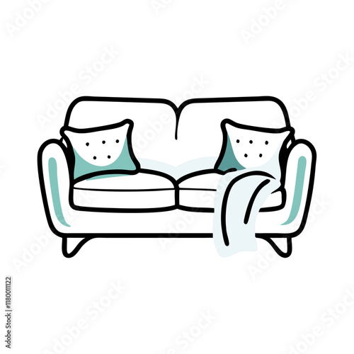 Minimalist sofa illustration with cushions and throw blanket