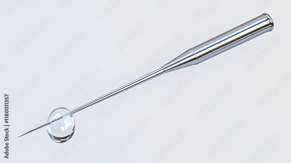 A metallic syringe with a droplet of liquid on its tip. A metallic syringe with a droplet of liquid on its tip.