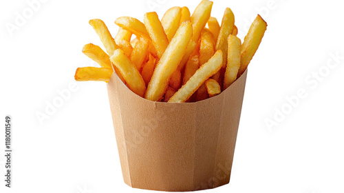 Crispy golden fries served in a rustic wooden cup at a bustling food court during lunchtime rush