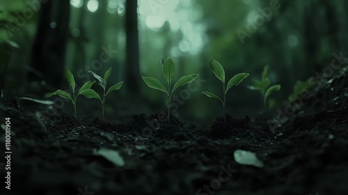 Saplings growing towards the light as they emerge from the fresh soil