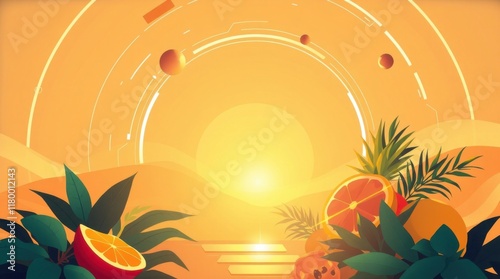 Futuristic Sci-Fi Golden Hour with Tropical Fruits and Space Elements