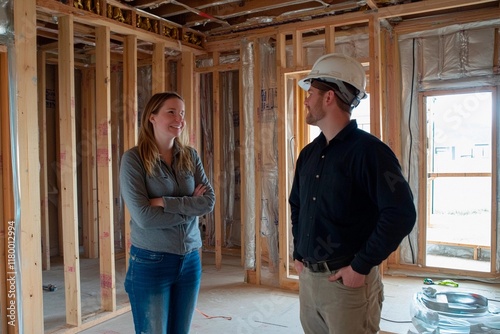 Engaging conversation between a builder and a client in a new home construction site photo