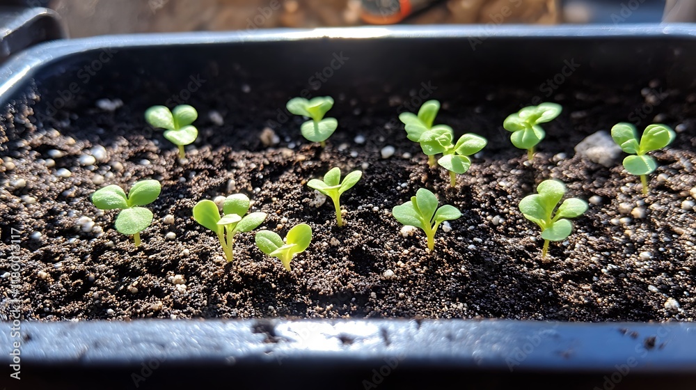 Tiny shoots pushing through the soil bathed in gentle sunlight Tiny shoots pushing through the soil bathed in gentle sunlight