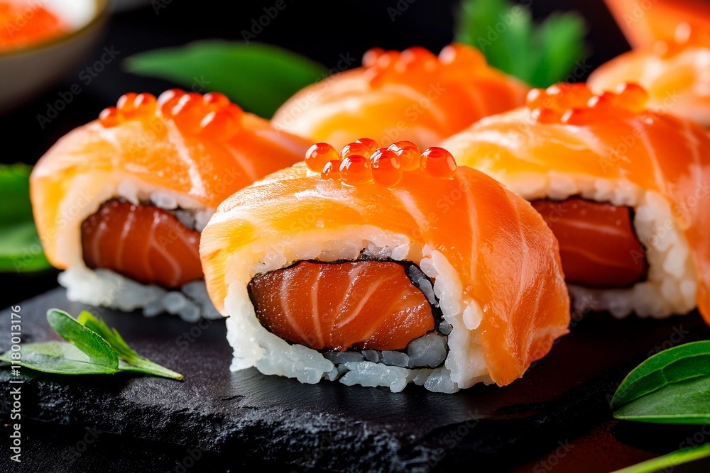 Savory salmon sushi rolls garnished with delicate roe and fresh greens Savory salmon sushi rolls garnished with delicate roe and fresh greens