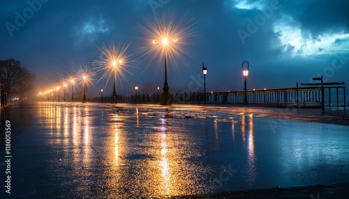 night street with glowing lamps 