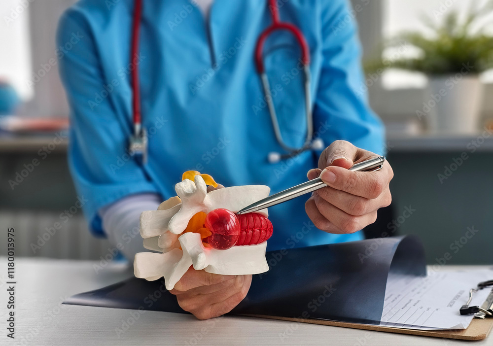 Treatment of intervertebral hernia. Chiropractor with anatomical model of lumbar disc herniation and back pain concept Treatment of intervertebral hernia. Chiropractor with anatomical model of lumbar disc herniation and back pain concept