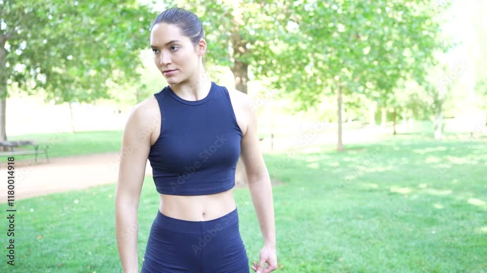A woman is performing workout routines with a resistance band outside in a park A woman is performing workout routines with a resistance band outside in a park