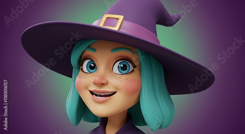 Playful Cartoon Witch Face - Unreal Engine Style with Vibrant Background, Toy-Like Design photo