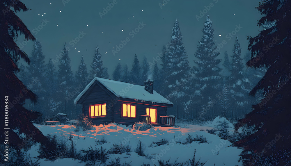 A cozy cabin surrounded by snowy trees, its windows glowing warmly in the serene winter night - A cozy cabin surrounded by snowy trees, its windows glowing warmly in the serene winter night -