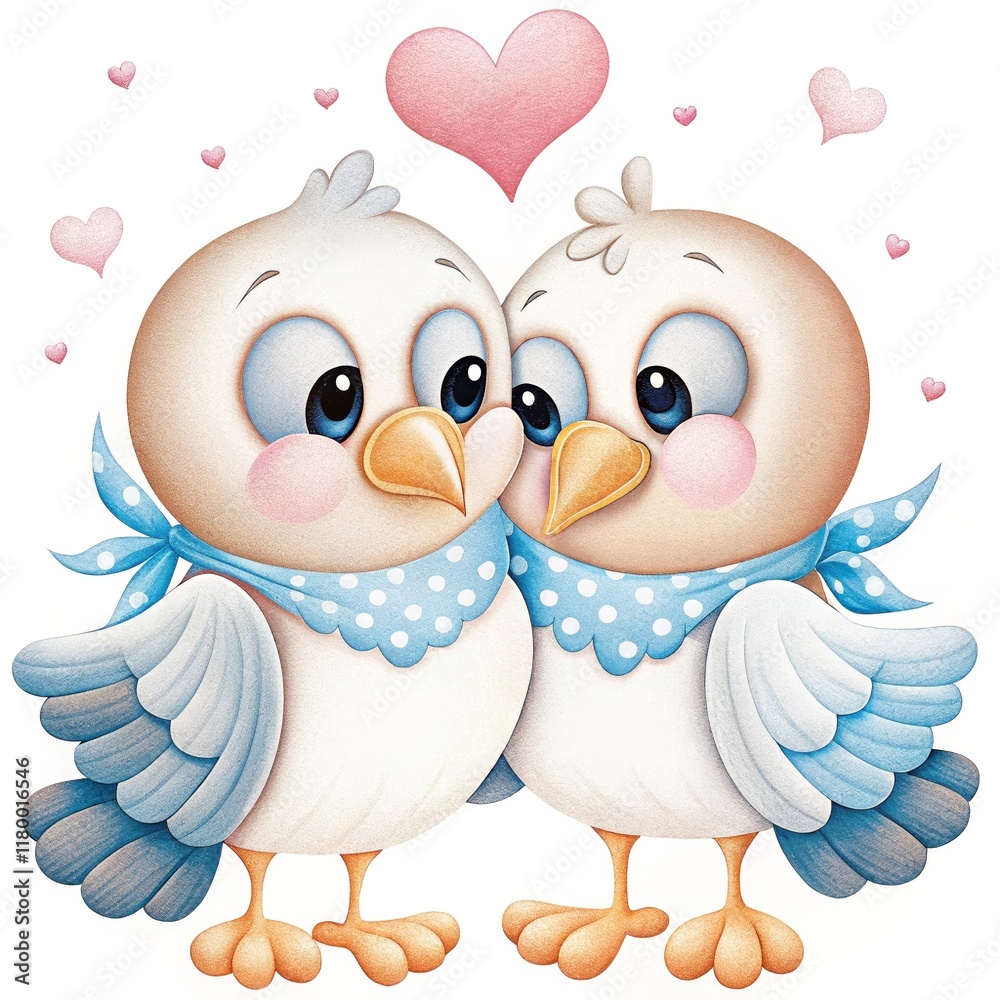 Fototapeta premium Loving Bird Couple - Two cute birds, hearts, affection, love, togetherness.