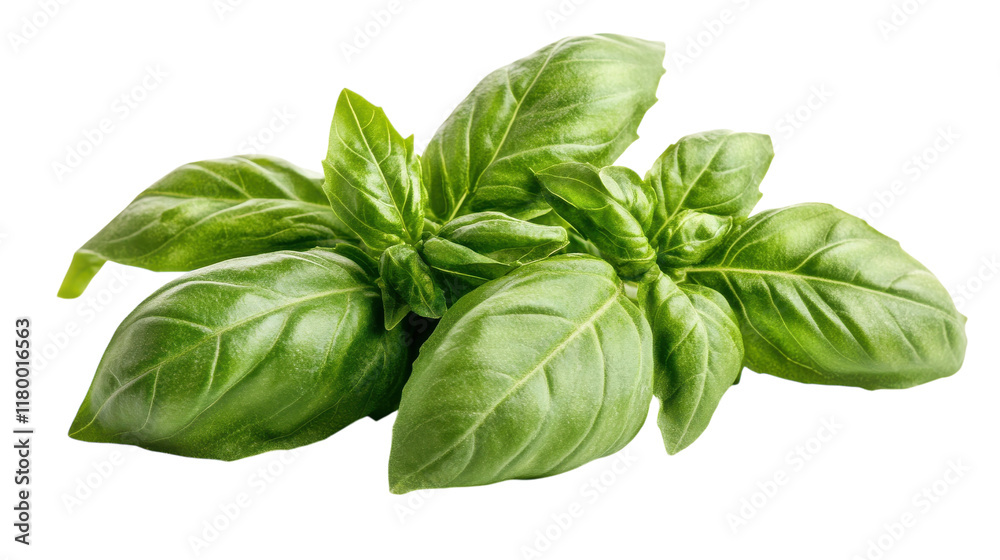 Fresh basil leaves arranged artfully on a white background, showcasing vibrant green colors Fresh basil leaves arranged artfully on a white background, showcasing vibrant green colors