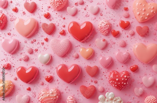 Valentine's Day cartoon-style background with hearts and love symbols on a pink backdrop, with copy space, romantic and vibrant