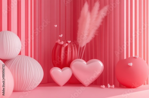 Valentine's Day cartoon-style background with hearts and love symbols on a pink backdrop, with copy space, romantic and vibrant